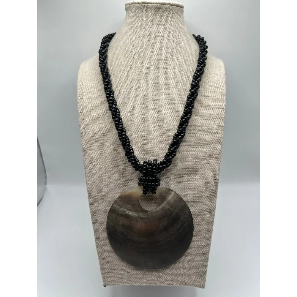 Black Seed Bead Necklace Shell Pendant Coastal Boho Statement Black Shell